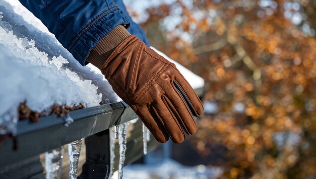 Leather glove cleaning snow and ice from a metal gutter