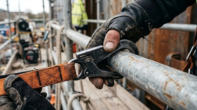 Construction worker securing safety lanyard to metal scaffolding with scaffolding construction industrial protection worksite security