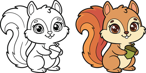 Cute cartoon baby squirrel holding acorn vector illustration with coloring page line art version for kids book design © Sojol
