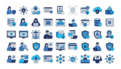 Set of cybersecurity and data protection icons in flat blue style with cybersecurity security protection encryption internet technology password identity authentication biometric © Bat