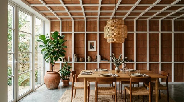 Sunroom dining area with wood lattice wall decor.