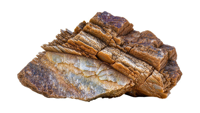 Layered brown and white mineral rock formation, isolated on transparent background