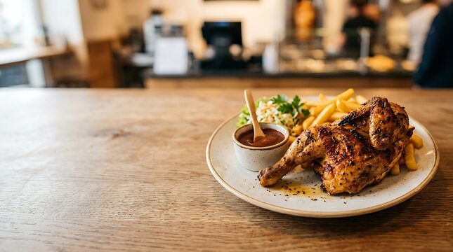 Roasted half chicken served with french fries and sauce on a table