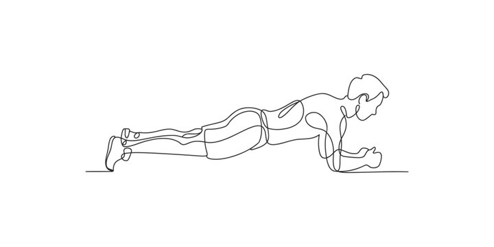 Continuous single line drawing of a man doing a plank exercise for core strength and healthy fitness workout training