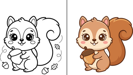 Cute cartoon baby squirrel holding acorn vector illustration with coloring book page outline version for kids activity worksheet © Sojol
