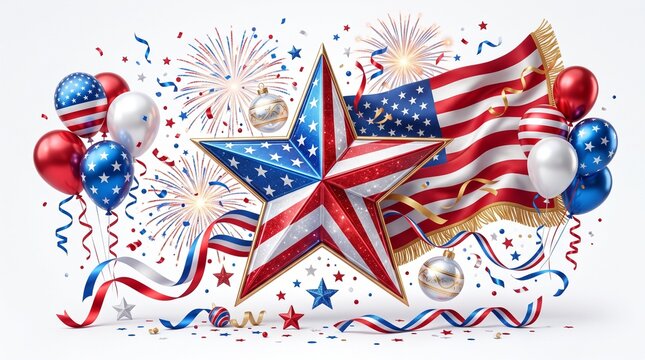 A vibrant three dimensional star featuring the iconic red white and blue american flag pattern surrounded by festive balloons shiny ornaments and bright fireworks on a clean crisp white background