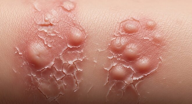 Close-up of skin with pustular psoriasis showing red patches and pus-filled blisters.