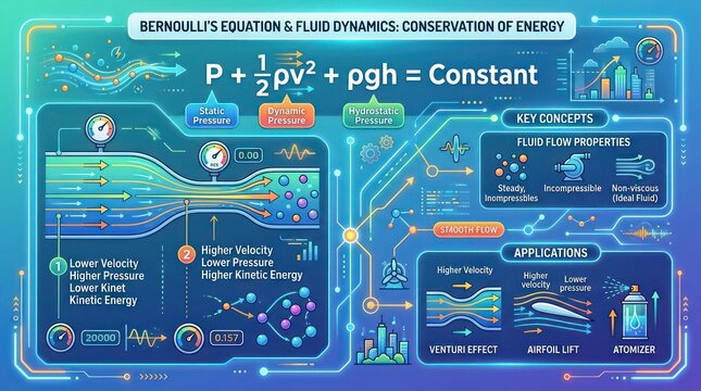 Bernoulli's equation fluid dynamics conservation of energy science concepts.