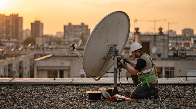 Technician installing satellite dish on urban rooftop at sunset with golden hour rooftop work technician job satellite technician