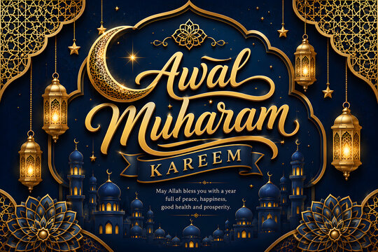 Premium "Awal Muharam Kareem" hand-lettered typography with crescent moon, hanging lanterns, rich Islamic ornaments, and elegant vector greeting card design.