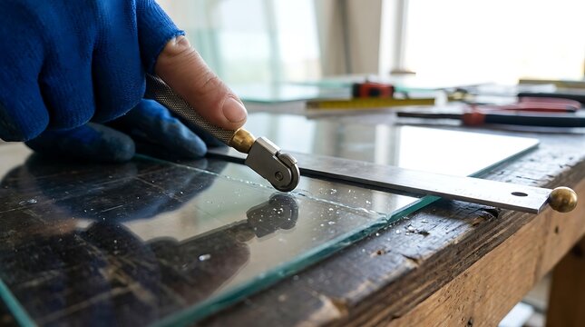 Craftsman using a handheld glass cutter tool to score a glass pane on a workbench with craftsman workshop construction industry material