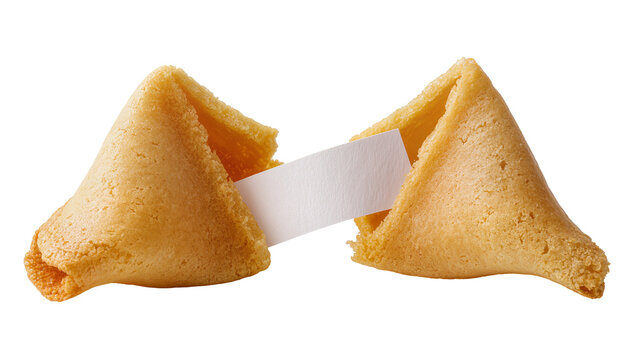 Golden baked fortune cookie cracked open revealing blank white paper strip, isolated on transparent background
