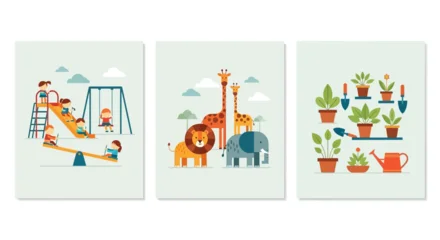 Fototapeten Zoo Colorful animal and plant illustration trio.  © Konco
