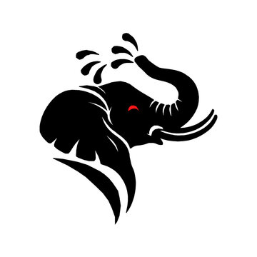 Black elephant head profile with red eye splashing water vector art, clean design for wildlife conservation, animal mascot, or creative company branding.