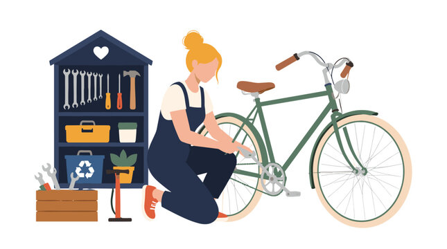 Woman repairing bicycle beside a workbench.