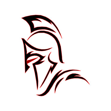 Stylized Spartan or Trojan warrior helmet profile vector logo with sharp black lines and red accents, suitable for fitness gym, sports team, or gaming community.