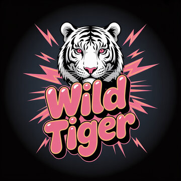 Wild tiger graphic design with bold pink text and lightning effects transparent background