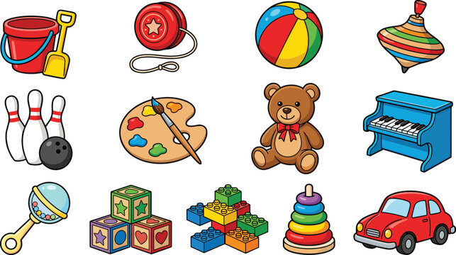 Colorful Classic Kids Toy Icon Set with Piano, Paint Palette, Bowling, Yoyo, Teddy Bear, and Creative Playroom Elements Vector Collection