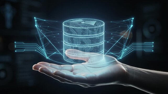 Futuristic holographic technology with hand holding glowing digital database in sci fi world
