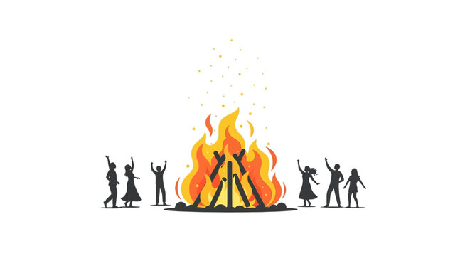 Silhouetted group around blazing campfire at night.