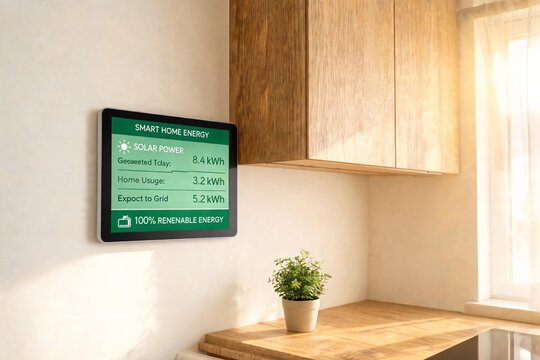 Smart home system displaying solar power generation metrics and renewable energy usage in a modern kitchen, promoting efficiency and sustainable living with advanced technology