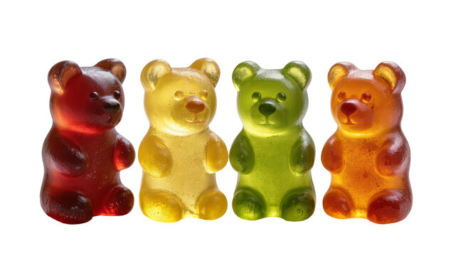 Four colorful gummy bear candies in a row