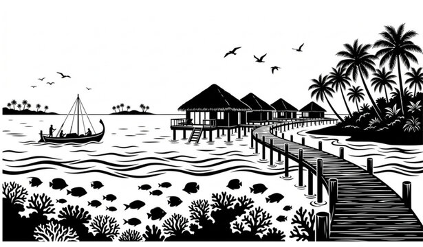 Maldives Paradise Coast Silhouette Vector Featuring Overwater Villas Tropical Island and Ocean Scene