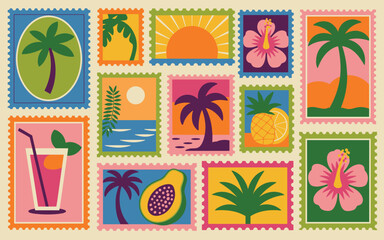 Fototapeta premium Vibrant retro postage stamps collection featuring tropical palm trees, golden summer sunsets and hibiscus flowers for travel.