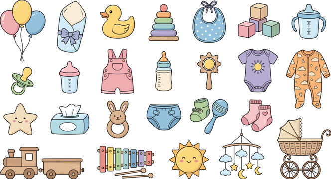 Sweet Pastel Baby Essentials Icon Set with Onesie, Stroller, Wooden Train, Bunny Teether, and Adorable Newborn Elements Vector Collection