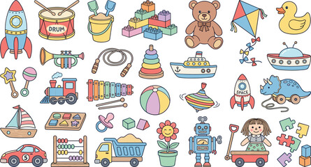 Fototapeta premium Charming Hand Drawn Kids Toy Mega Set with Robot, Doll, Train, Rocket, Abacus, Xylophone, and Classic Playroom Elements Vector Collection
