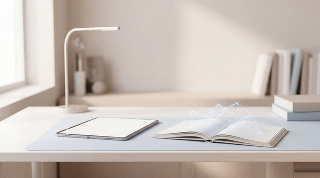 Back to School Study Desk with Tablet, Open Notebook and Digital Learning Concept