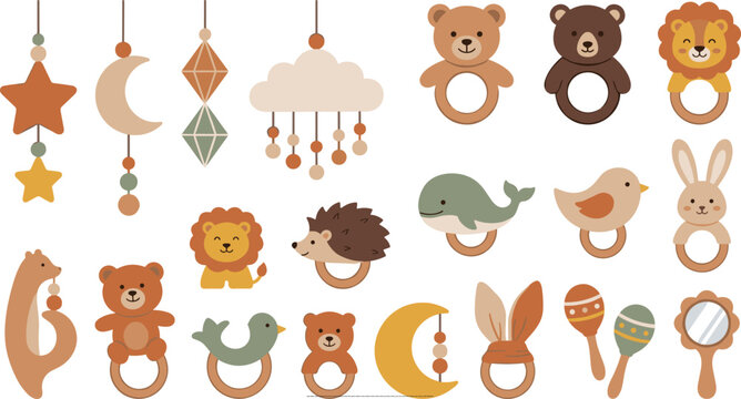 Adorable Boho Wooden Baby Teether and Rattle Set with Bear, Lion, Bunny, Hedgehog, Whale, and Nursery Mobile Elements Vector Collection