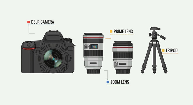 A DSLR camera setup with a prime lens, zoom lens, and tripod on a table indoors.