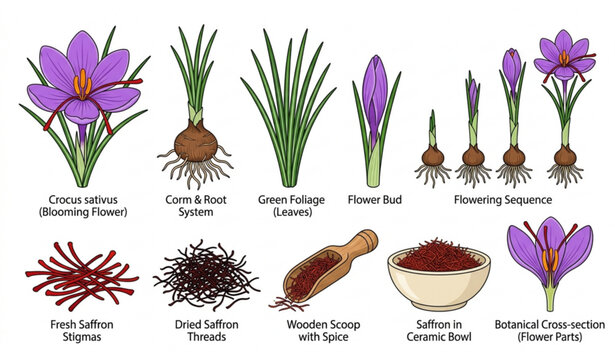 Botanical Saffron Crocus Plant Life Cycle Vector with Growth Stages and Culinary Spice