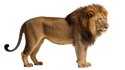 Majestic male lion with full mane standing profile, isolated on transparent background © Sorin