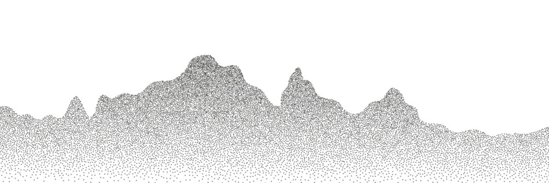 Mountain wave vector with volcano grain stipple and grunge texture desert. Graphic landscape pointillism with terrain shape sand and silhouette snow point. Illustration background mountain.