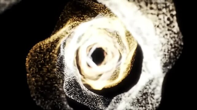 Abstract swirling vortex of golden particles with a bright center.