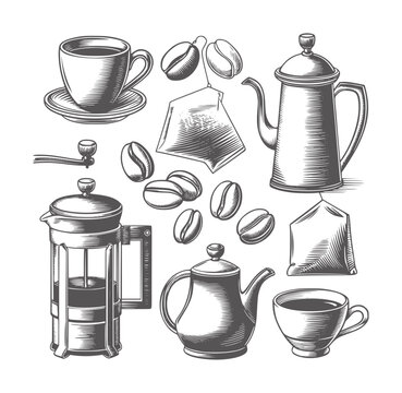 Sketchy coffee and tea set with beans grinder and teabags