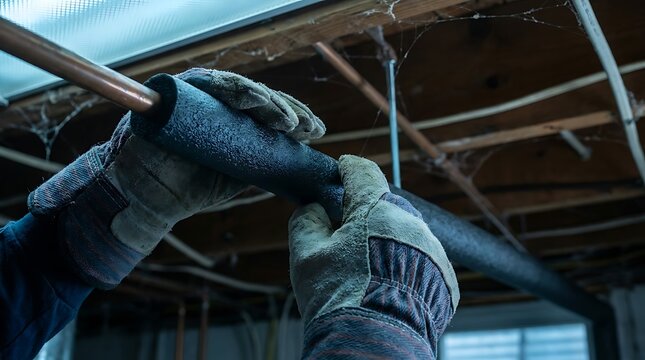 Worker hands installing insulation foam on copper pipe underground basement ceiling with insulation plumbing basement maintenance