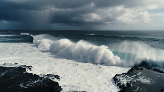 A powerful wave crashes onto a rocky shore under a stormy sky.