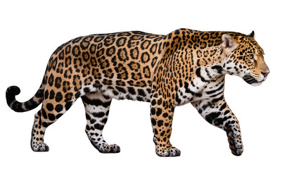 Majestic jaguar with spotted fur walking, isolated on transparent background © Sorin