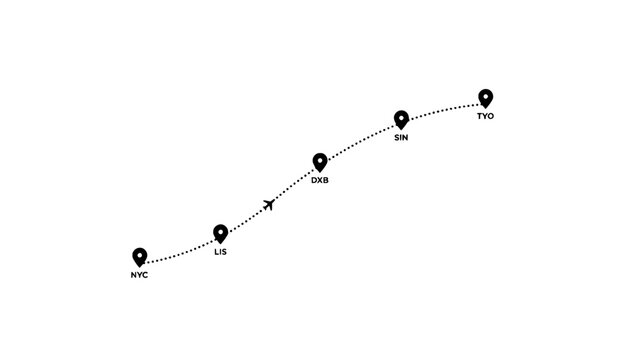 Flight Path Map Showing Airplane Route From Nyc to Tyo with Stops in Lis, Dxb, and Sin Featuring Travel, Journey, Destinations