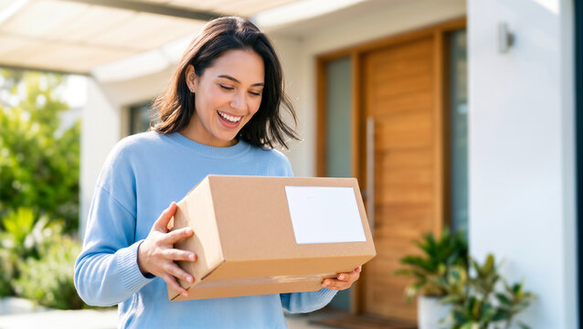 Happy woman receiving online shopping delivery package at modern home entrance, showcasing convenience and customer satisfaction.