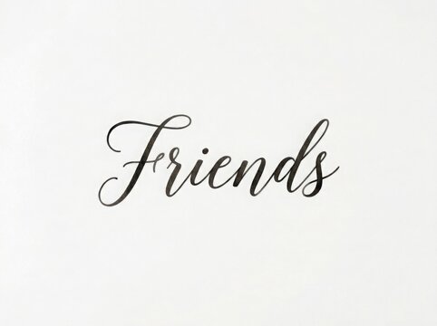 Sophisticated black cursive script word Friends centered on a clean white textured paper background for greeting