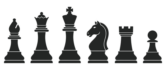 Set of black chess pieces isolated on white background © sefatahmed