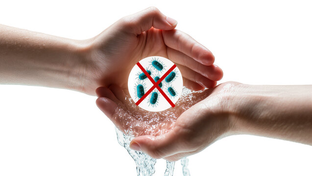 Hands washing with water, stop sign over bacteria symbol