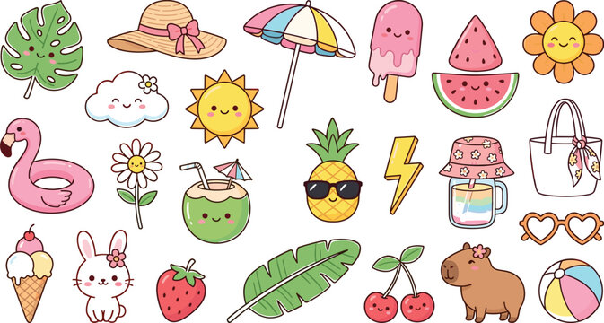 Super Cute Kawaii Summer Sticker Set with Capybara, Bunny, Flamingo, Pineapple, Cherry, and Adorable Seasonal Elements Vector Collection