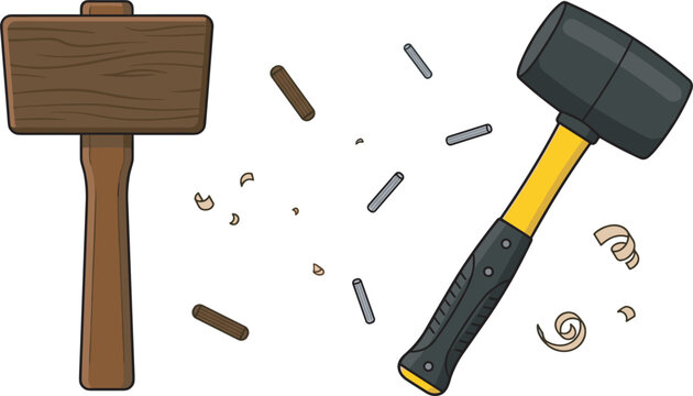 Wooden mallet and rubber mallet hammer vector illustration elements set with wood shavings and dowels isolated on white background