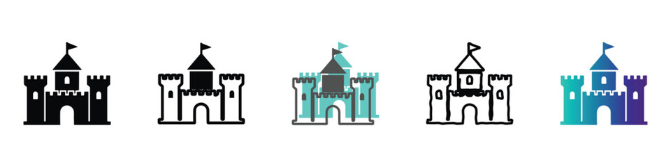 A set of five distinct castle illustrations, showcasing different artistic interpretations and color palettes for versatile use © Vova7