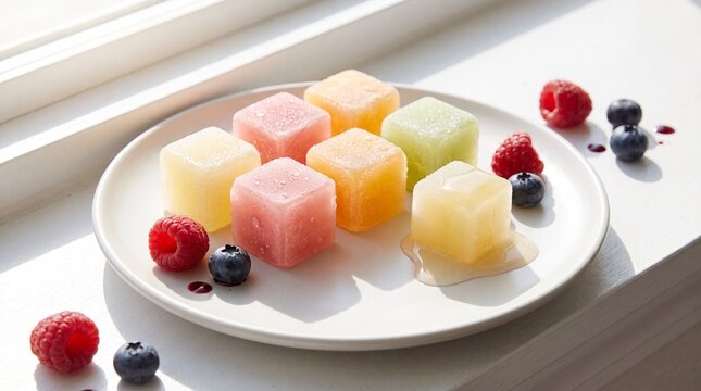 Pastel fruit jelly cubes plated as petit four dessert with berries